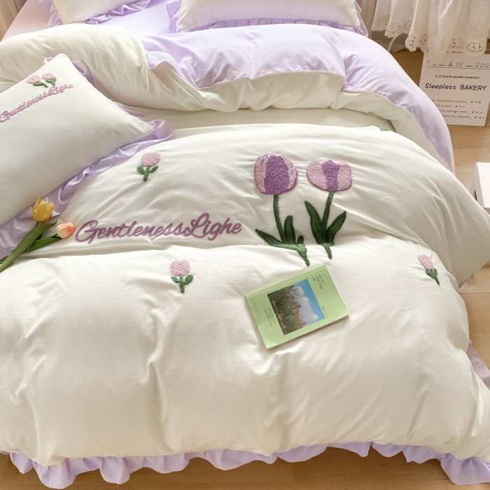 91家纺网 家纺一手货源 找家纺 （总）易禾家纺 2024新款水洗亲肤棉毛巾绣四件套-郁金香