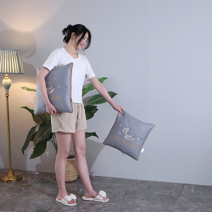 91家纺网 家纺一手货源 找家纺 照世2023新款13372全棉简约羽毛系列抱枕被 灰色