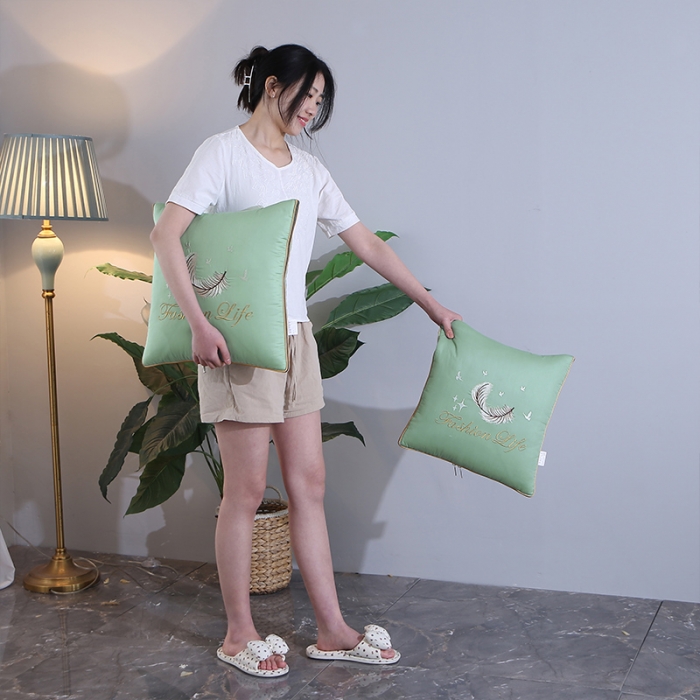 91家纺网 家纺一手货源 找家纺 照世2023新款13372全棉简约羽毛系列抱枕被 青色