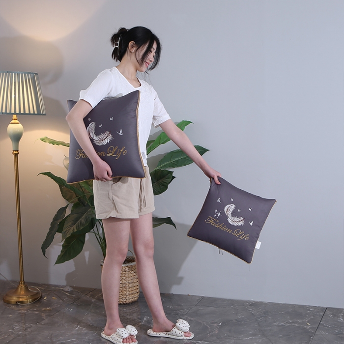 91家纺网 家纺一手货源 找家纺 照世2023新款13372全棉简约羽毛系列抱枕被 深灰