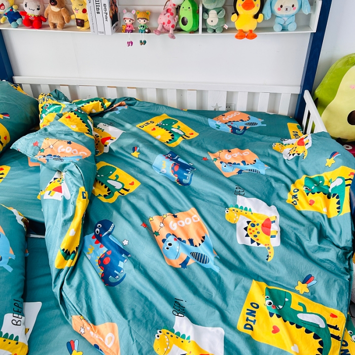 91家纺网 家纺一手货源 找家纺 小虾米 2023新款卡通系列全棉被套 恐龙家族绿