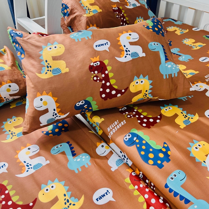 91家纺网 家纺一手货源 找家纺 小虾米 2023新款卡通系列全棉床笠（可定制） 恐龙日记咖