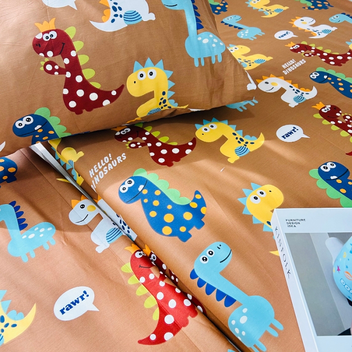 91家纺网 家纺一手货源 找家纺 小虾米 2023新款卡通系列全棉床笠（可定制） 恐龙日记咖