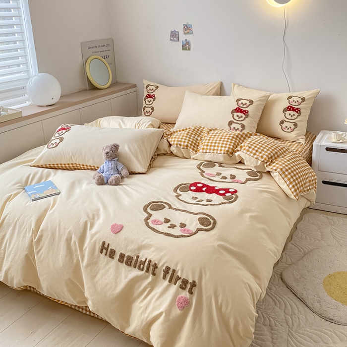 91家纺网 家纺一手货源 找家纺 三朵 2023新款全棉水洗棉毛巾绣花四件套 三口之家咖