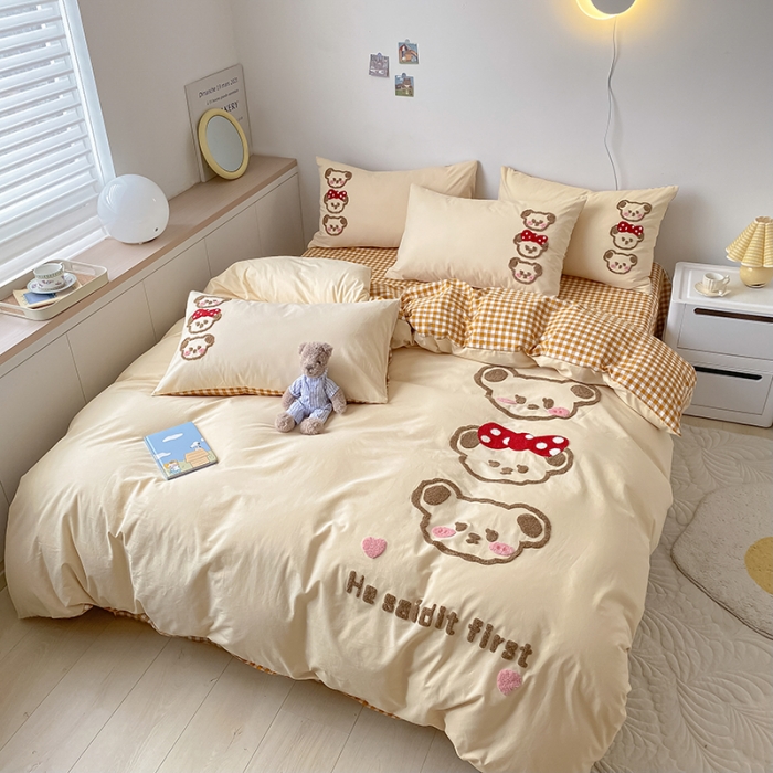 91家纺网 家纺一手货源 找家纺 三朵 2023新款全棉水洗棉毛巾绣花四件套 三口之家咖