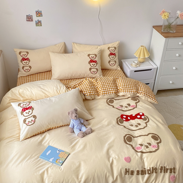 91家纺网 家纺一手货源 找家纺 三朵 2023新款全棉水洗棉毛巾绣花四件套 三口之家咖