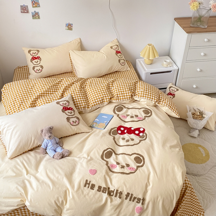 91家纺网 家纺一手货源 找家纺 三朵 2023新款全棉水洗棉毛巾绣花四件套 三口之家咖