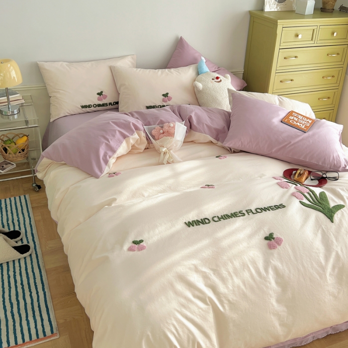 91家纺网 家纺一手货源 找家纺 三朵 2023新款全棉水洗棉毛巾绣花四件套 紫风铃