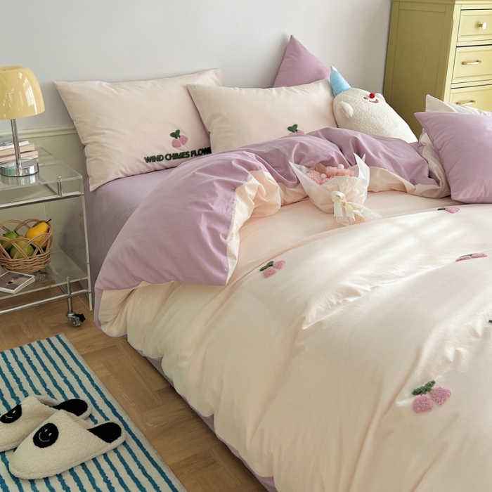 91家纺网 家纺一手货源 找家纺 三朵 2023新款全棉水洗棉毛巾绣花四件套 紫风铃