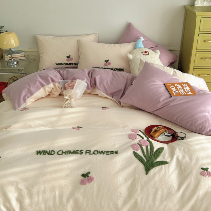 91家纺网 家纺一手货源 找家纺 三朵 2023新款全棉水洗棉毛巾绣花四件套 紫风铃