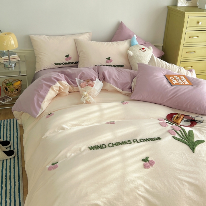 91家纺网 家纺一手货源 找家纺 三朵 2023新款全棉水洗棉毛巾绣花四件套 紫风铃