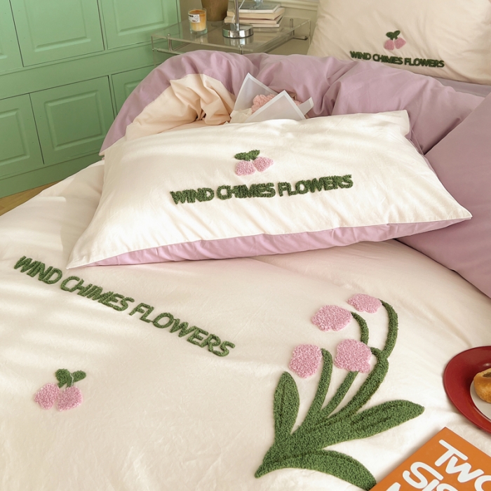 91家纺网 家纺一手货源 找家纺 三朵 2023新款全棉水洗棉毛巾绣花四件套 紫风铃