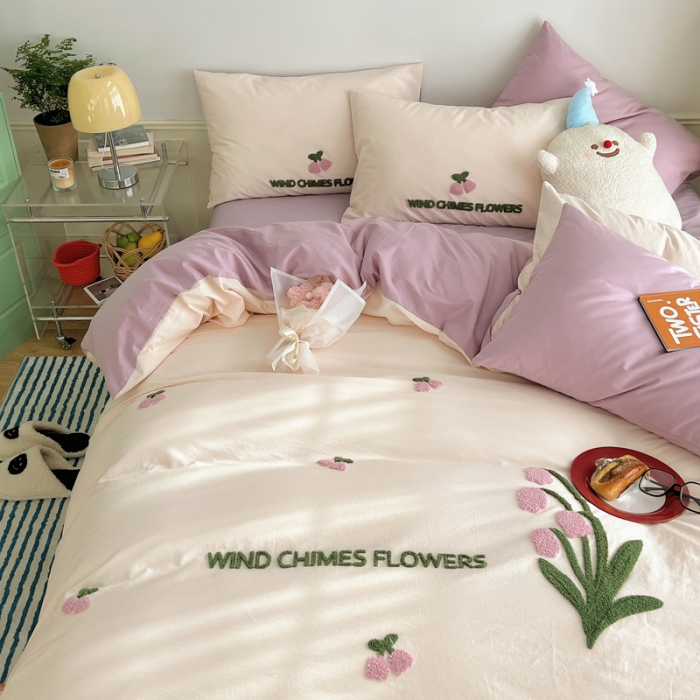 91家纺网 家纺一手货源 找家纺 三朵 2023新款全棉水洗棉毛巾绣花四件套 紫风铃