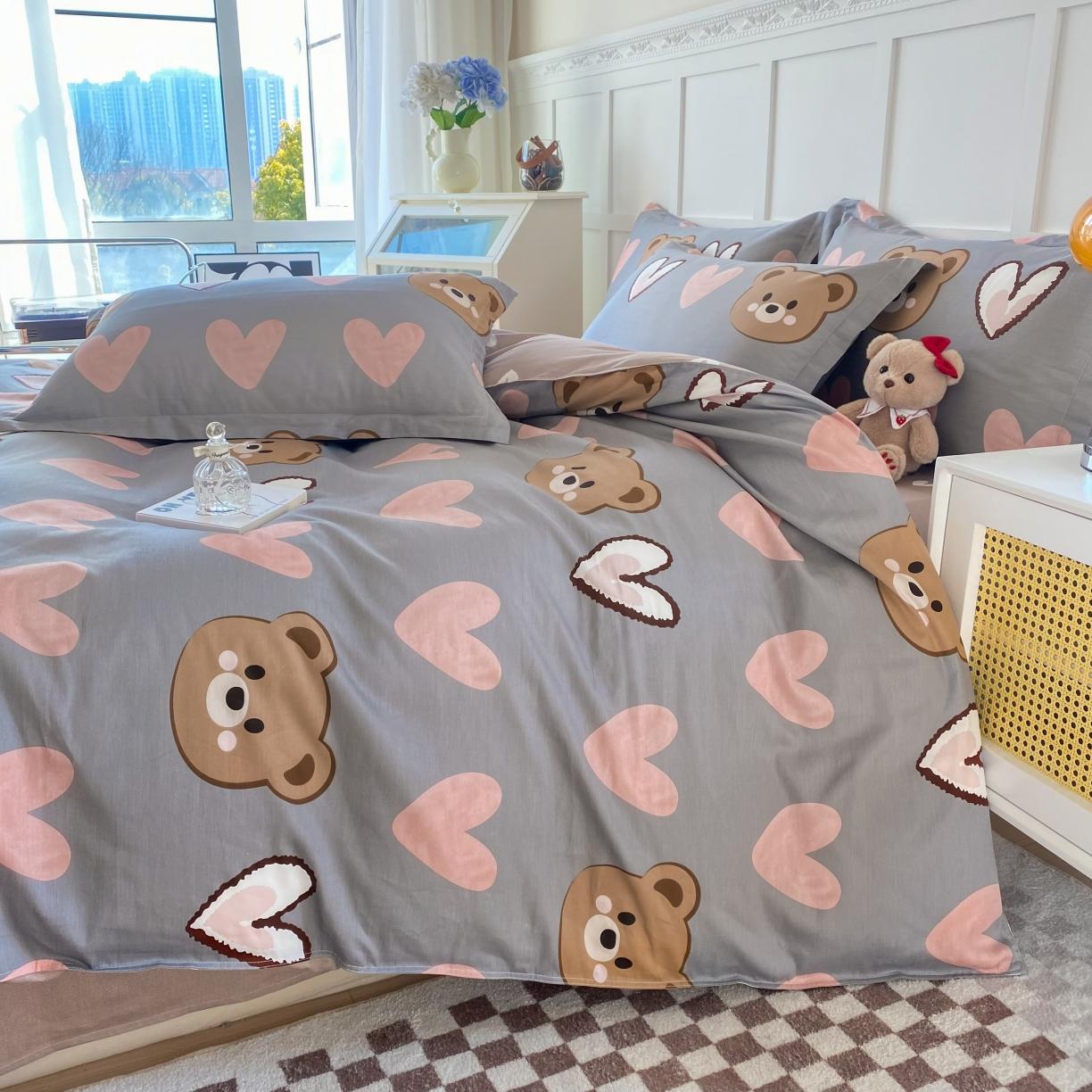 91家纺网 家纺一手货源 找家纺 帛织澜  2025新款全棉喷气12868系列纯棉四件套 多米熊-咖