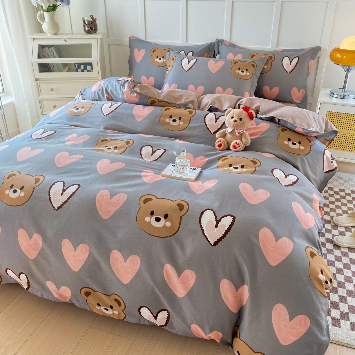 91家纺网 家纺一手货源 找家纺 帛织澜  2025新款全棉喷气12868系列纯棉四件套 多米熊-咖