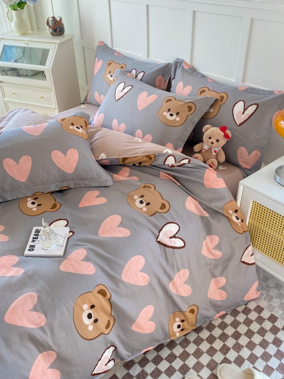 91家纺网 家纺一手货源 找家纺 帛织澜  2025新款全棉喷气12868系列纯棉四件套 多米熊-咖