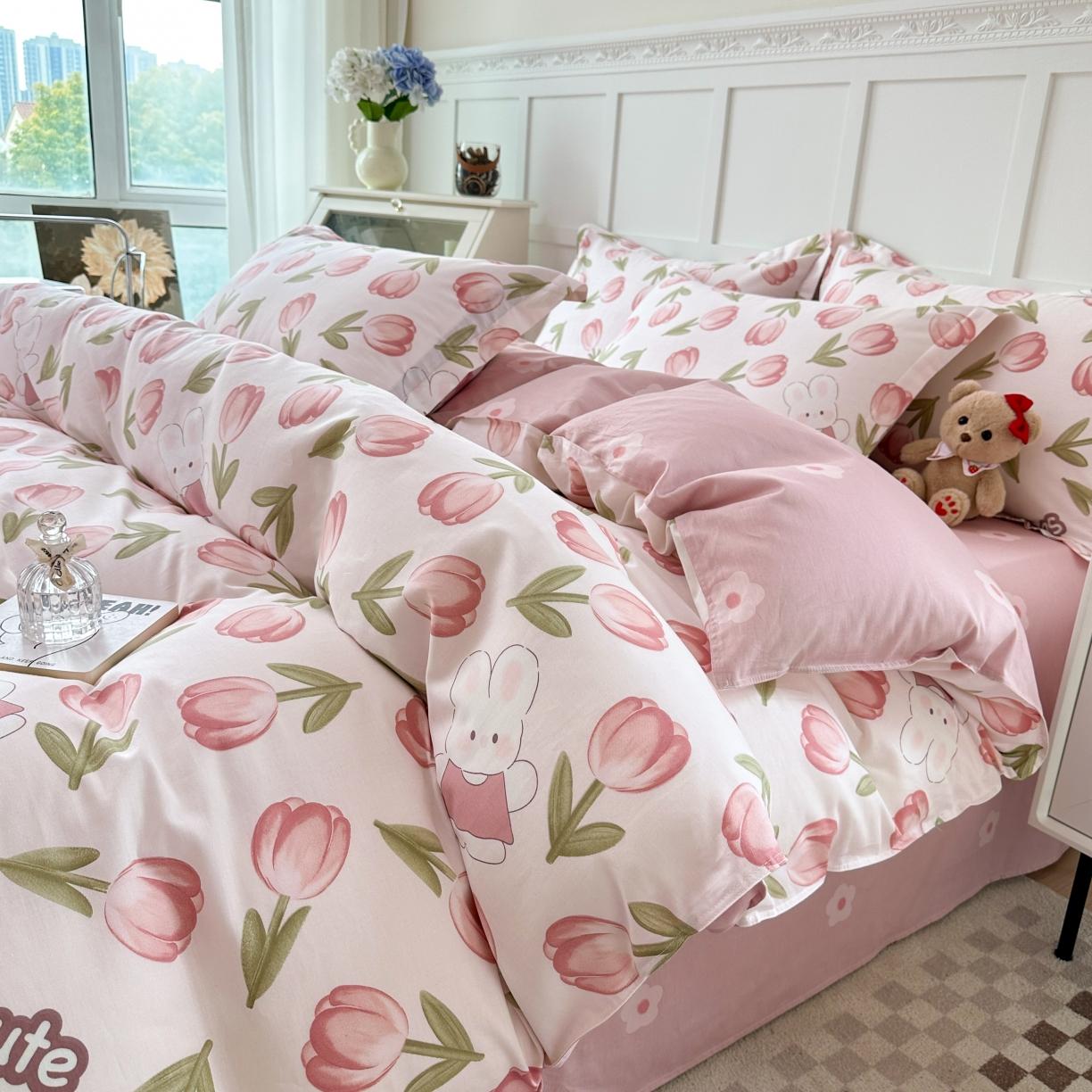 91家纺网 家纺一手货源 找家纺 帛织澜  2025新款全棉喷气12868系列纯棉四件套 花仙兔