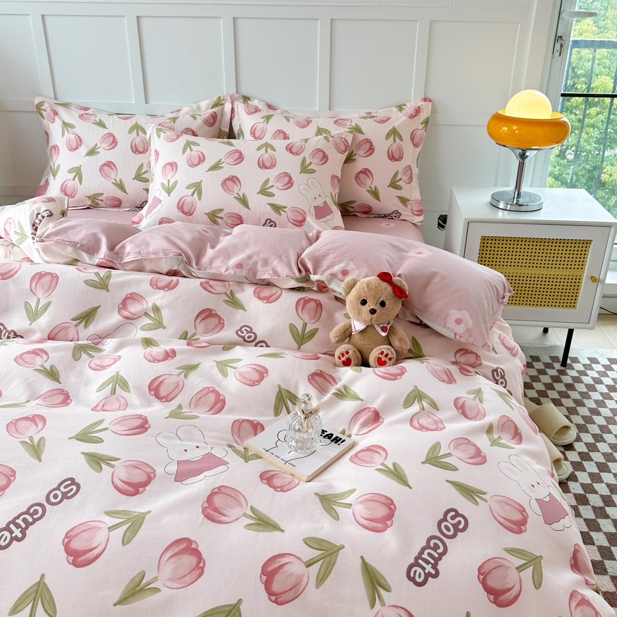 91家纺网 家纺一手货源 找家纺 帛织澜  2025新款全棉喷气12868系列纯棉四件套 花仙兔