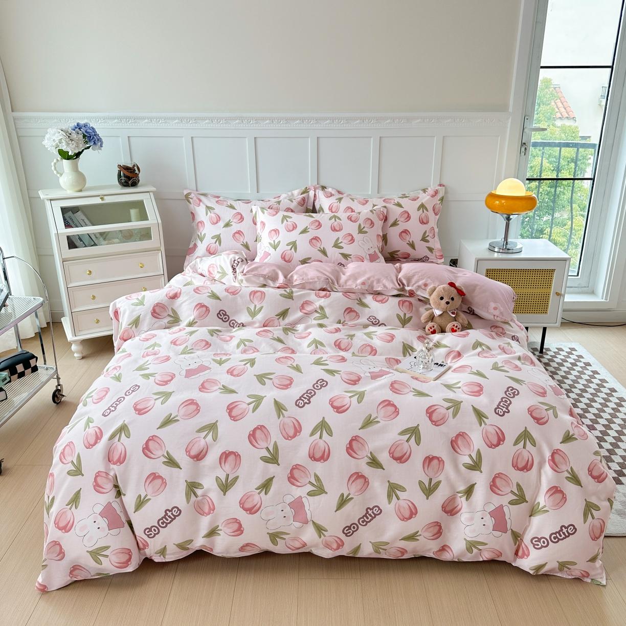 91家纺网 家纺一手货源 找家纺 帛织澜  2025新款全棉喷气12868系列纯棉四件套 花仙兔