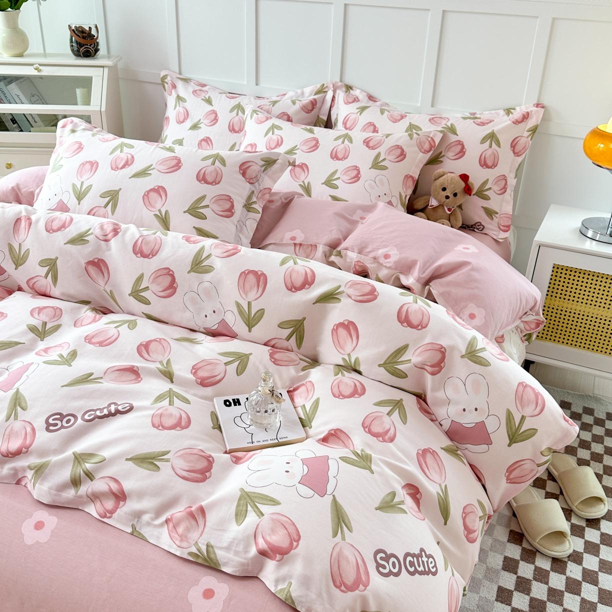 91家纺网 家纺一手货源 找家纺 帛织澜  2025新款全棉喷气12868系列纯棉四件套 花仙兔