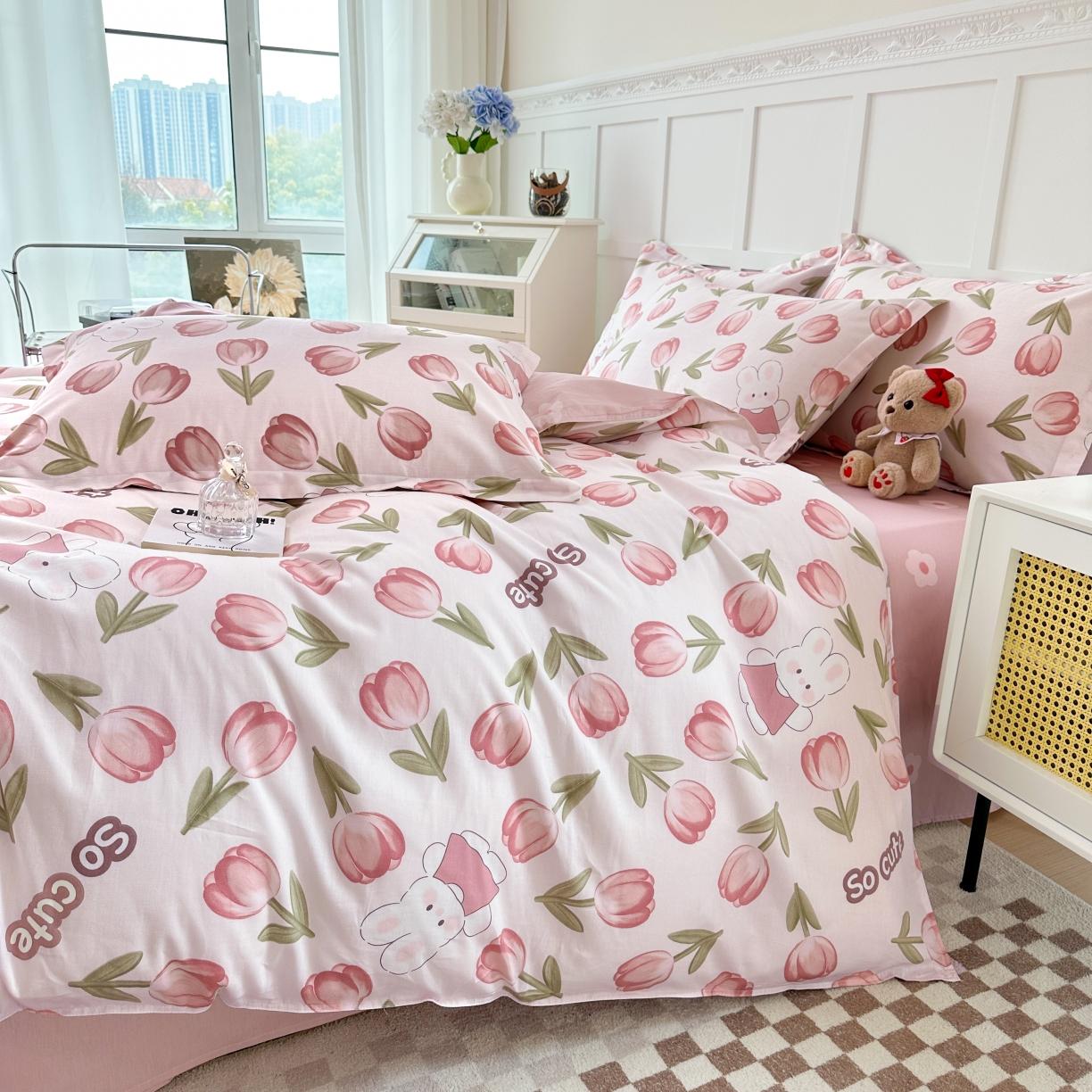 91家纺网 家纺一手货源 找家纺 帛织澜  2025新款全棉喷气12868系列纯棉四件套 花仙兔