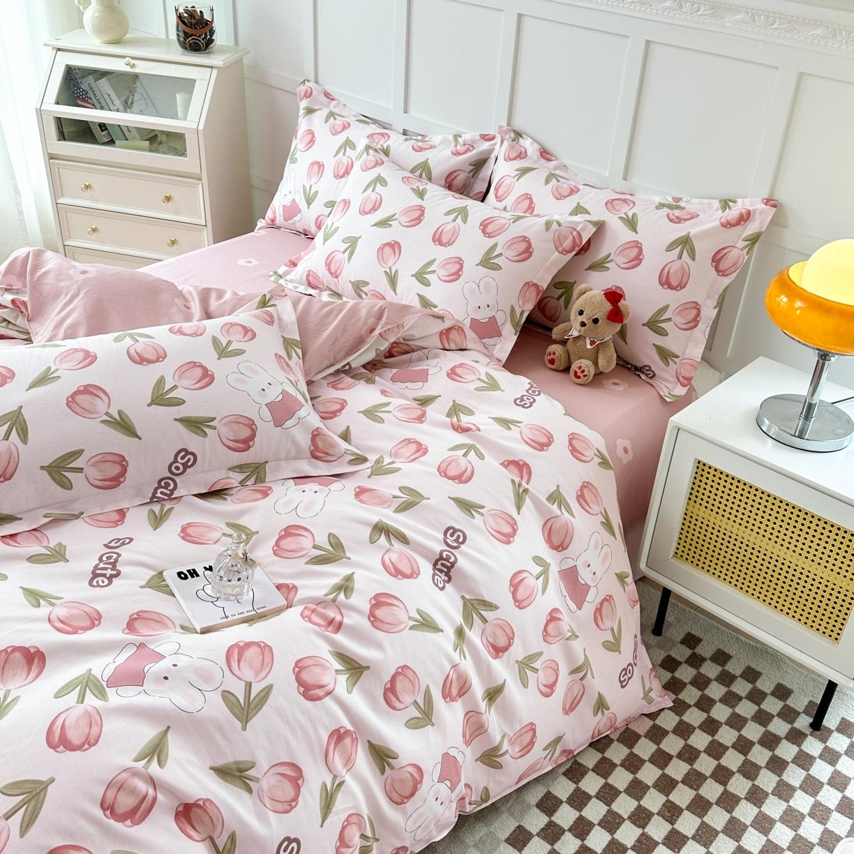 91家纺网 家纺一手货源 找家纺 帛织澜  2025新款全棉喷气12868系列纯棉四件套 花仙兔