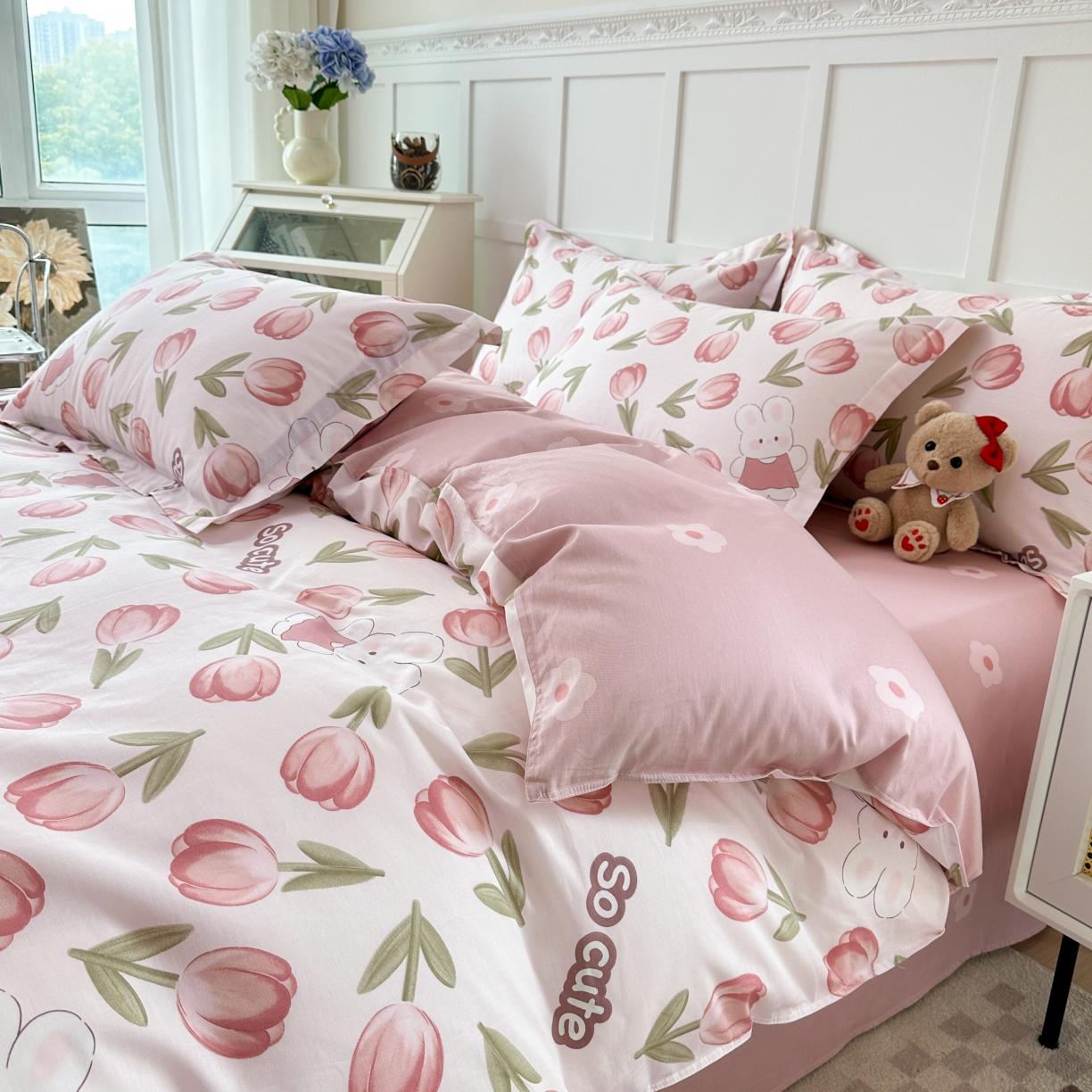 91家纺网 家纺一手货源 找家纺 帛织澜  2025新款全棉喷气12868系列纯棉四件套 花仙兔