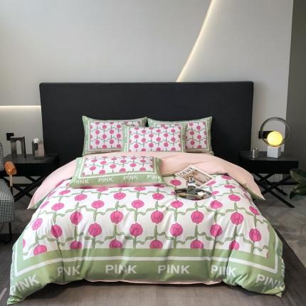 91家纺网 家纺一手货源 找家纺 色鬼布艺 2023新款13376纯棉潮牌床单床笠款四件套 轻奢粉色郁金香