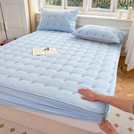 91家纺网 家纺一手货源 找家纺 尊康家纺（原磊科） 2024亲肤奶昔棉夹棉床笠樱桃系列 樱桃-天蓝