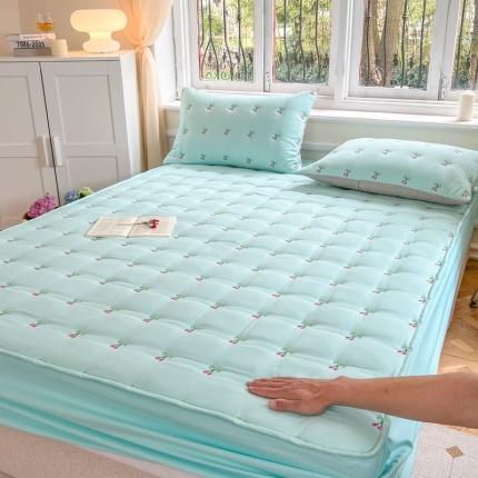 91家纺网 家纺一手货源 找家纺 尊康家纺（原磊科） 2024亲肤奶昔棉夹棉床笠樱桃系列 樱桃-湖蓝