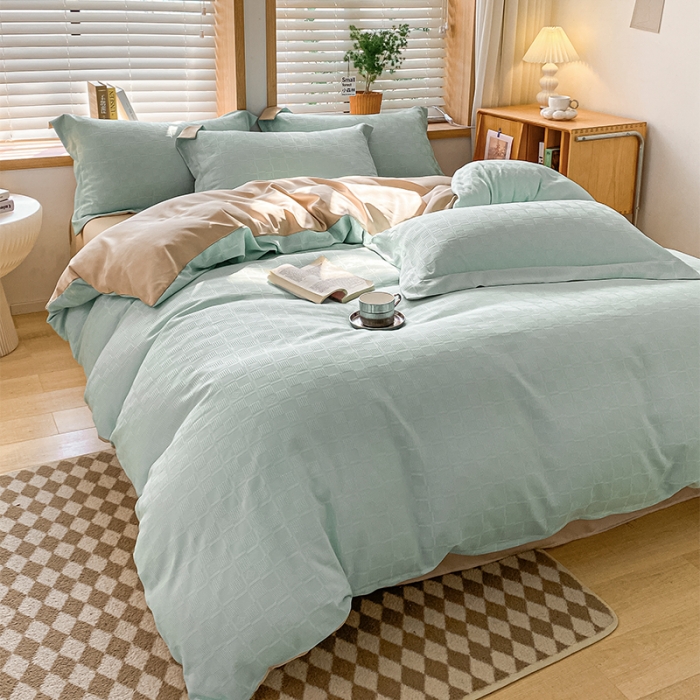 91家纺网 家纺一手货源 找家纺 骏腾家纺 2023新款华夫格冰丝四件套 华夫格-天空蓝