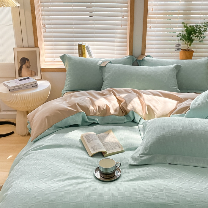 91家纺网 家纺一手货源 找家纺 骏腾家纺 2023新款华夫格冰丝四件套 华夫格-天空蓝