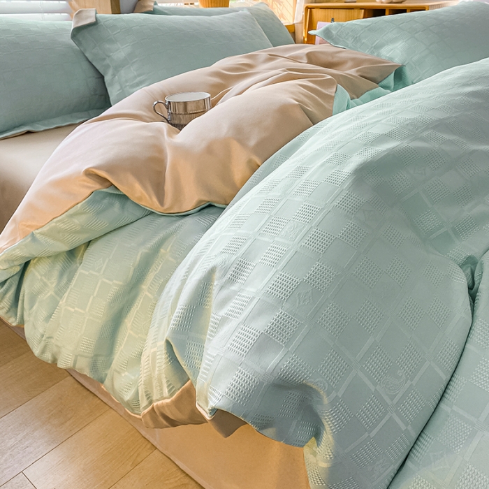 91家纺网 家纺一手货源 找家纺 骏腾家纺 2023新款华夫格冰丝四件套 华夫格-天空蓝