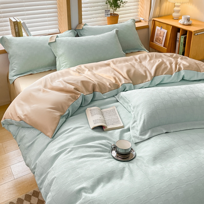 91家纺网 家纺一手货源 找家纺 骏腾家纺 2023新款华夫格冰丝四件套 华夫格-天空蓝