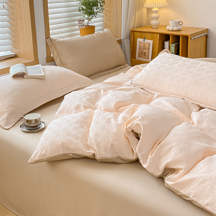 91家纺网 家纺一手货源 找家纺 骏腾家纺 2023新款华夫格冰丝四件套 华夫格-粉玉