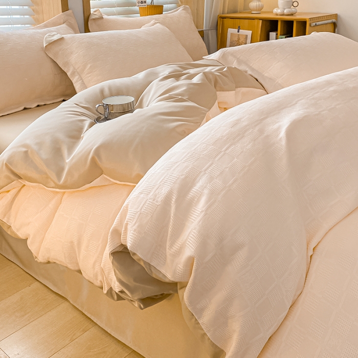 91家纺网 家纺一手货源 找家纺 骏腾家纺 2023新款华夫格冰丝四件套 华夫格-粉玉