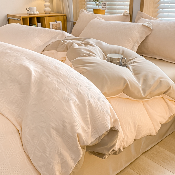 91家纺网 家纺一手货源 找家纺 骏腾家纺 2023新款华夫格冰丝四件套 华夫格-粉玉