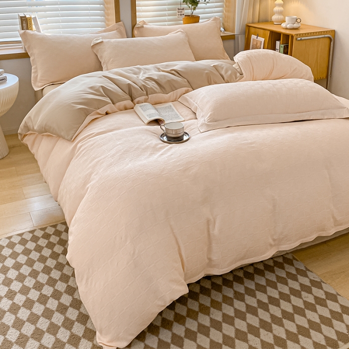 91家纺网 家纺一手货源 找家纺 骏腾家纺 2023新款华夫格冰丝四件套 华夫格-粉玉