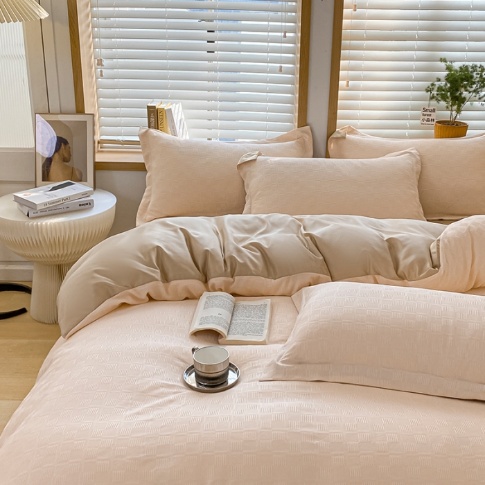 91家纺网 家纺一手货源 找家纺 骏腾家纺 2023新款华夫格冰丝四件套 华夫格-粉玉