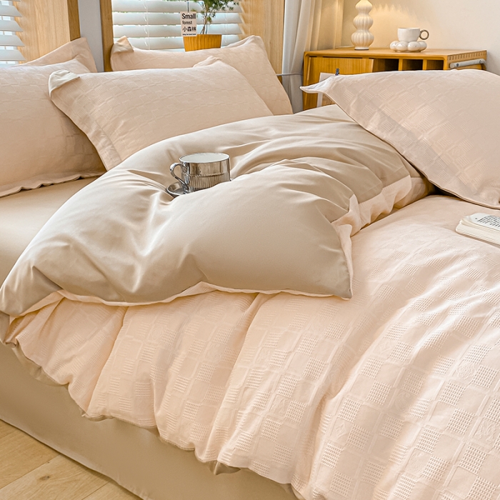 91家纺网 家纺一手货源 找家纺 骏腾家纺 2023新款华夫格冰丝四件套 华夫格-粉玉