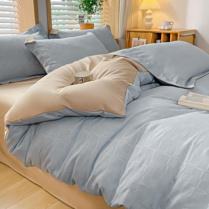 91家纺网 家纺一手货源 找家纺 骏腾家纺 2023新款华夫格冰丝四件套 华夫格-浅蓝