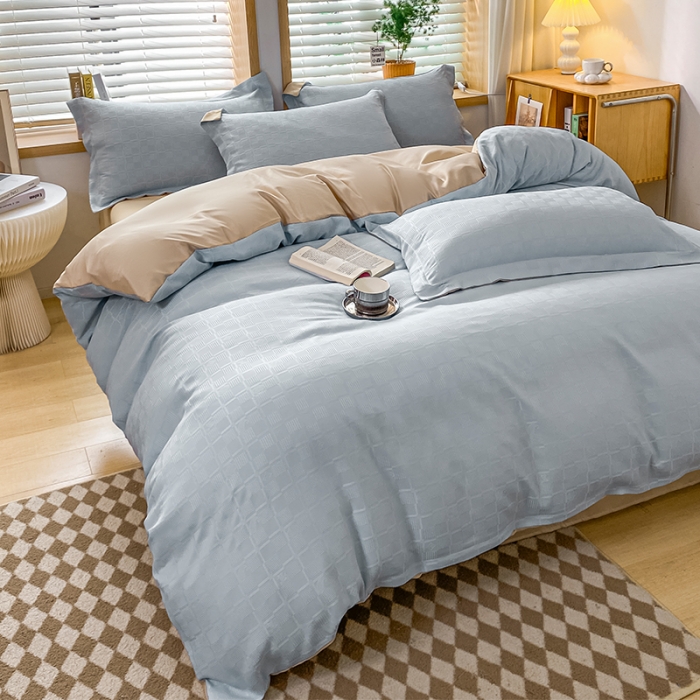 91家纺网 家纺一手货源 找家纺 骏腾家纺 2023新款华夫格冰丝四件套 华夫格-浅蓝