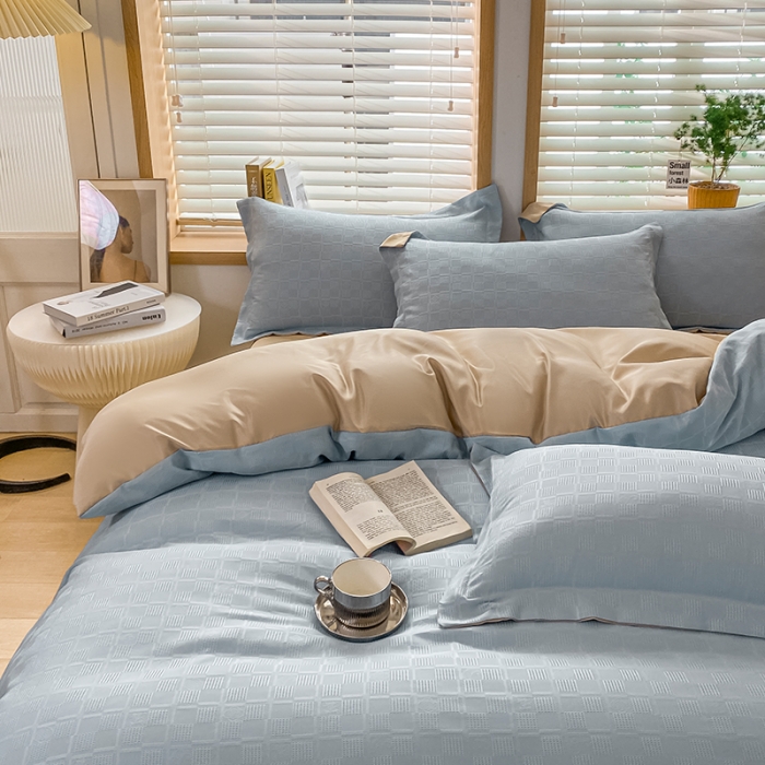 91家纺网 家纺一手货源 找家纺 骏腾家纺 2023新款华夫格冰丝四件套 华夫格-浅蓝