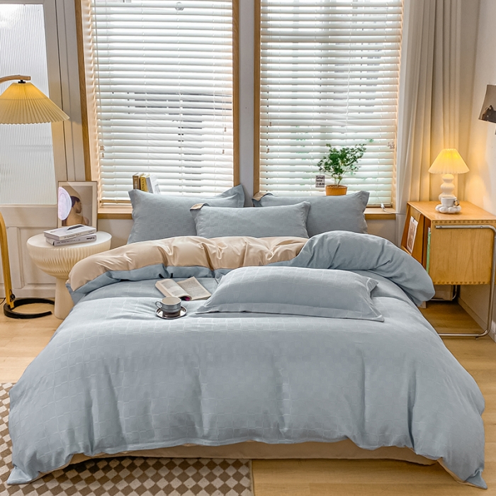 91家纺网 家纺一手货源 找家纺 骏腾家纺 2023新款华夫格冰丝四件套 华夫格-浅蓝