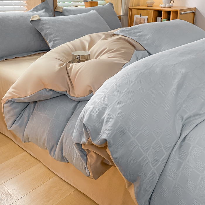 91家纺网 家纺一手货源 找家纺 骏腾家纺 2023新款华夫格冰丝四件套 华夫格-浅蓝