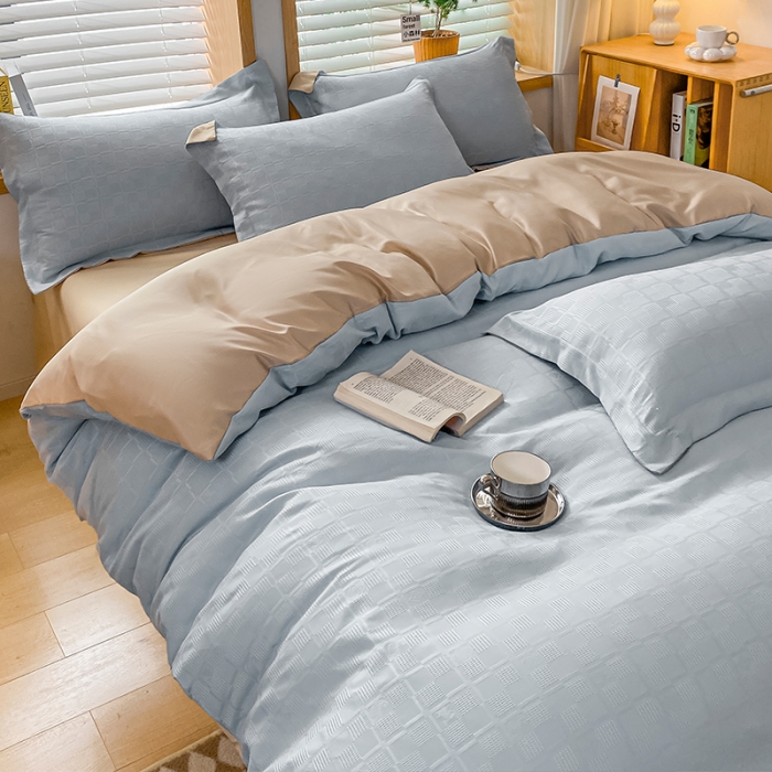 91家纺网 家纺一手货源 找家纺 骏腾家纺 2023新款华夫格冰丝四件套 华夫格-浅蓝