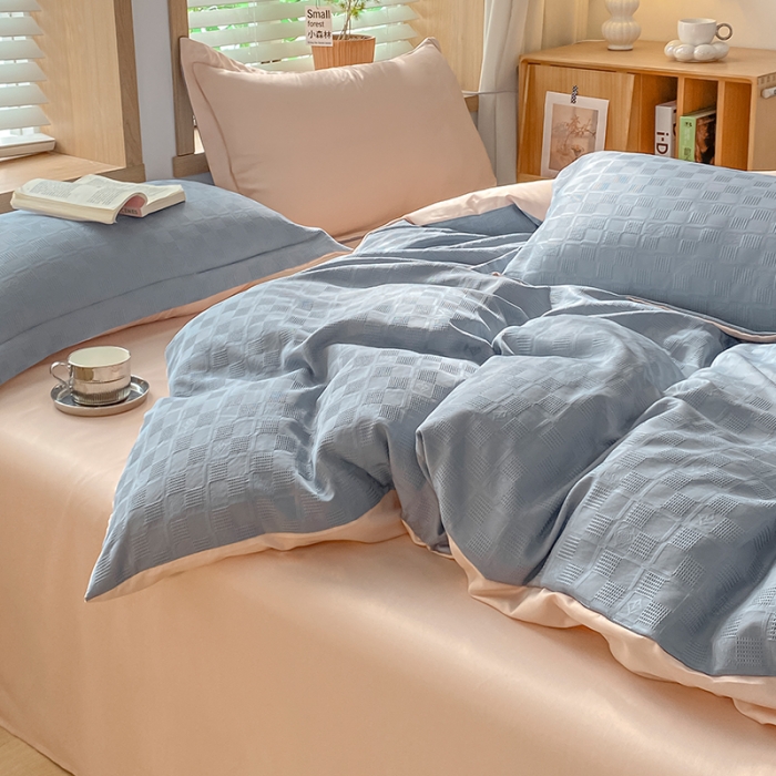 91家纺网 家纺一手货源 找家纺 骏腾家纺 2023新款华夫格冰丝四件套 华夫格-蓝粉