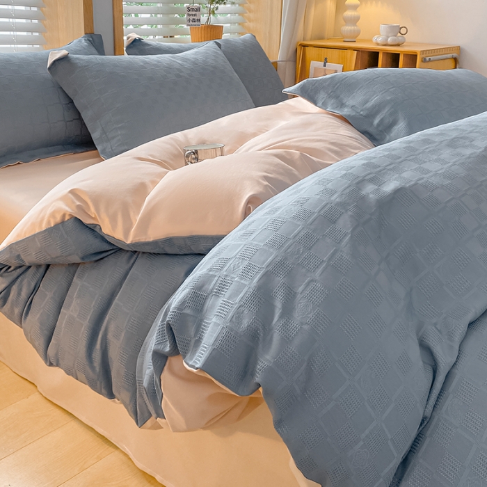 91家纺网 家纺一手货源 找家纺 骏腾家纺 2023新款华夫格冰丝四件套 华夫格-蓝粉