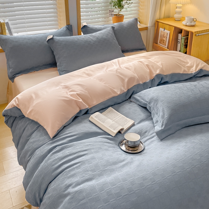 91家纺网 家纺一手货源 找家纺 骏腾家纺 2023新款华夫格冰丝四件套 华夫格-蓝粉