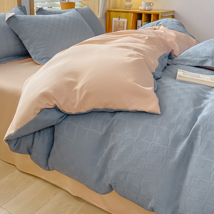 91家纺网 家纺一手货源 找家纺 骏腾家纺 2023新款华夫格冰丝四件套 华夫格-蓝粉